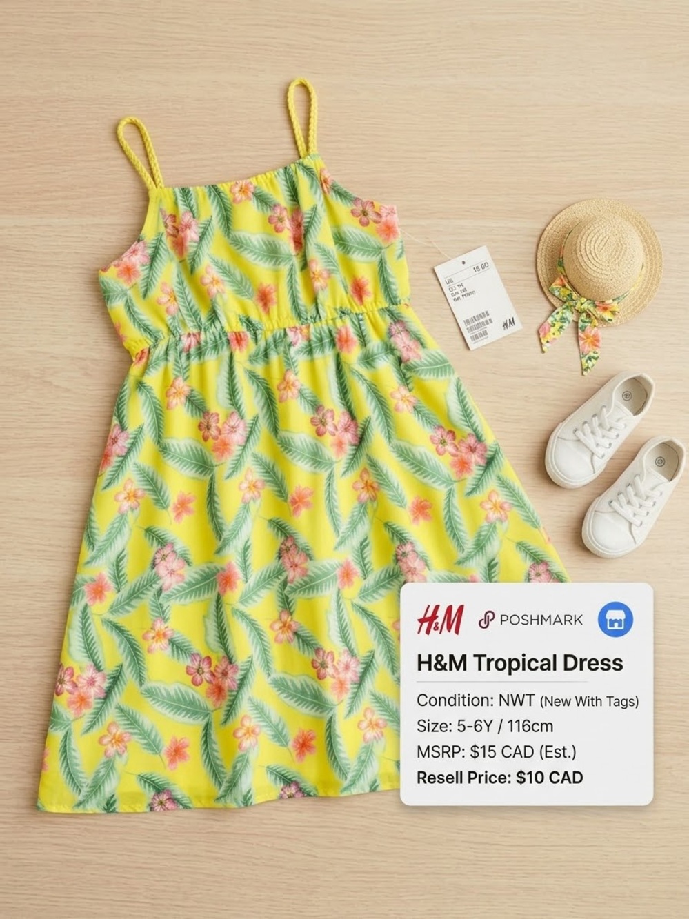 H&M Yellow Tropical Floral Sundress with Pink Flowers and Green Leaves